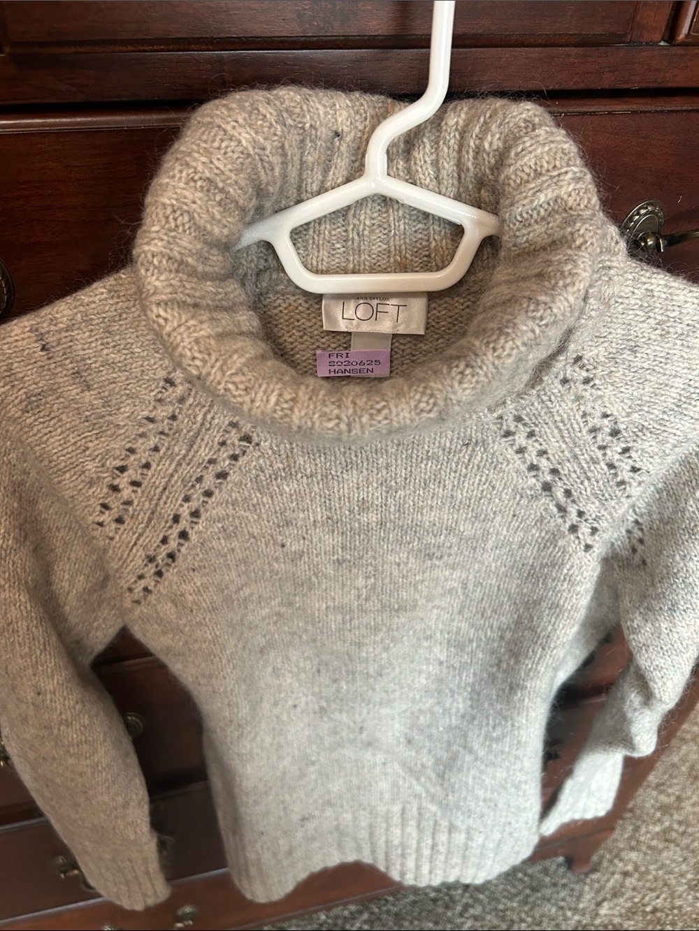 LOFT Heather Gray Ribbed Turtleneck Sweater with Lace-Point Shoulder Detail